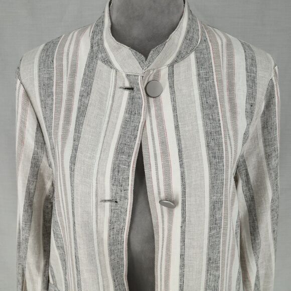 Jones NY Jacket Womens Medium Ivory Gray Linen Blend Mandarin Collar Blazer - Picture 11 of 16